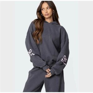 Edikted Bonney Bow Dark Gray Sweatshirt Pink Puff Bow Hoodie Small